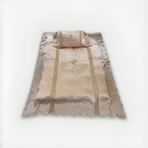 Antique VTG Silk French Lace Boudoir Coverlet BedCover Embroidery 95"x72" SET